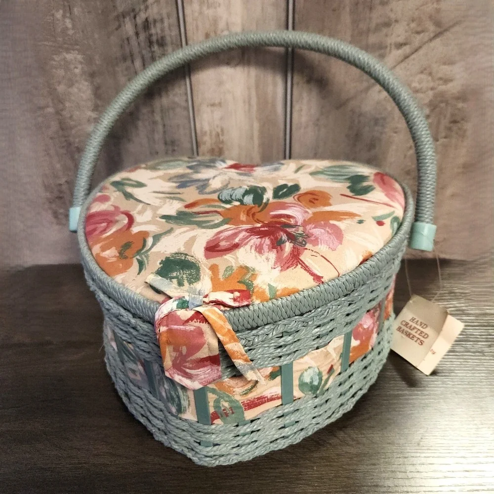 Vtg Heart Shaped 80s Sewing Basket Blue Wicker Handle Storage Box Cottagecore